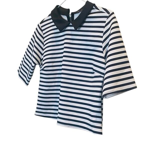 Zara Striped Half Sleeve Peter Pan Collar Boxy Top Black & White Large - Picture 3 of 5